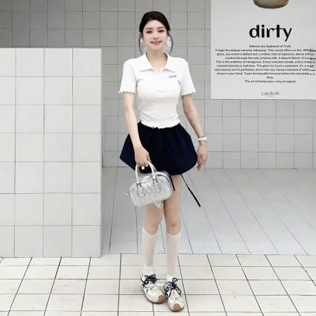 显瘦纯欲t恤新款千金风气质上衣+芭蕾学院风花苞裙裤假两件松紧腰  服裝批發女裝批發服飾貨源