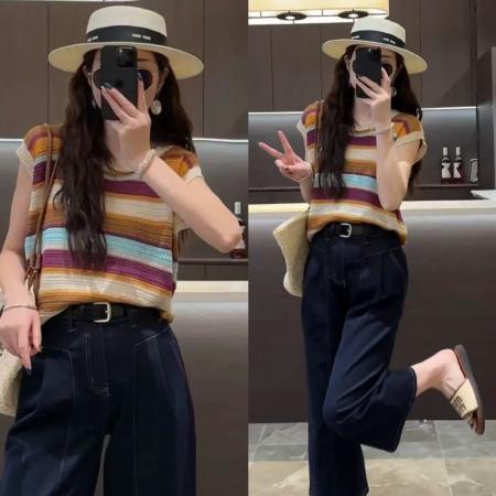 夏新款洋气时尚镂空撞色无袖条纹宽松上衣+筒阔腿九分牛仔裤  服裝批發女裝批發服飾貨源