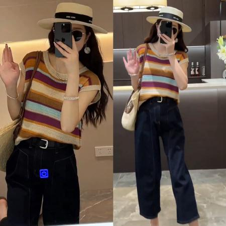 BY17075# 夏新款洋气时尚镂空撞色无袖条纹宽松上衣+筒阔腿九分牛仔裤  服裝批發女裝批發服飾貨源