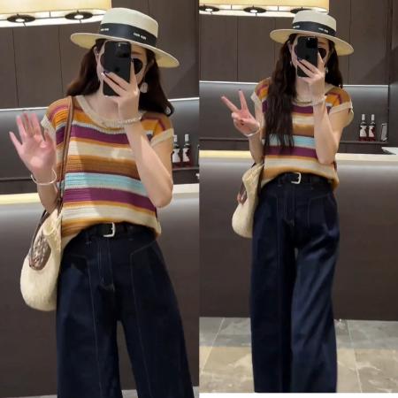 BY17075# 夏新款洋气时尚镂空撞色无袖条纹宽松上衣+筒阔腿九分牛仔裤  服裝批發女裝批發服飾貨源