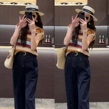 BY17075# 夏新款洋气时尚镂空撞色无袖条纹宽松上衣+筒阔腿九分牛仔裤  服裝批發女裝批發服飾貨源