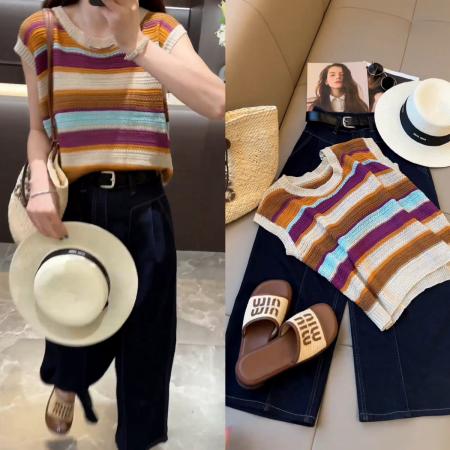 BY17075# 夏新款洋气时尚镂空撞色无袖条纹宽松上衣+筒阔腿九分牛仔裤  服裝批發女裝批發服飾貨源