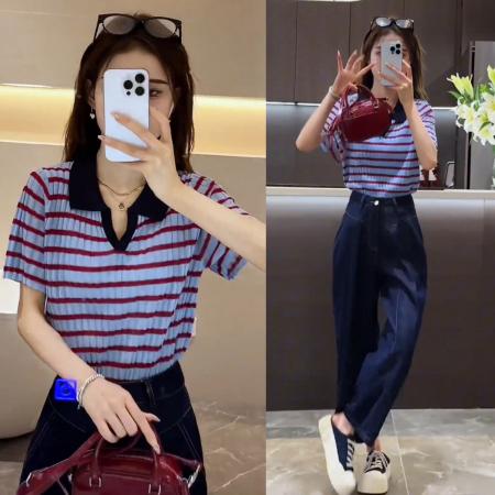 夏季新款百搭撞色条纹polo短袖上衣+设计感直筒阔腿牛仔裤  服裝批發女裝批發服飾貨源