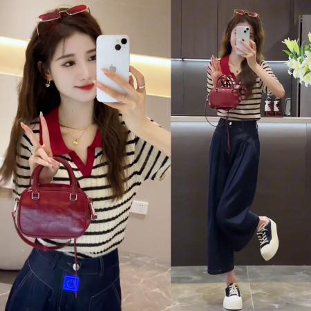 夏季新款百搭撞色条纹polo短袖上衣+设计感直筒阔腿牛仔裤  服裝批發女裝批發服飾貨源