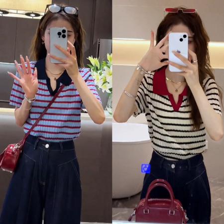 夏季新款百搭撞色条纹polo短袖上衣+设计感直筒阔腿牛仔裤  服裝批發女裝批發服飾貨源