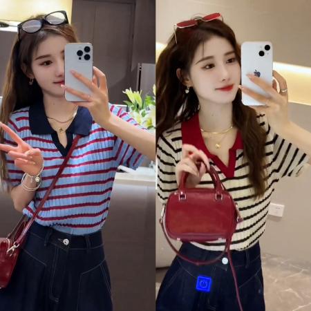 夏季新款百搭撞色条纹polo短袖上衣+设计感直筒阔腿牛仔裤  服裝批發女裝批發服飾貨源