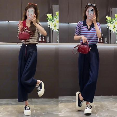 夏季新款百搭撞色条纹polo短袖上衣+设计感直筒阔腿牛仔裤  服裝批發女裝批發服飾貨源