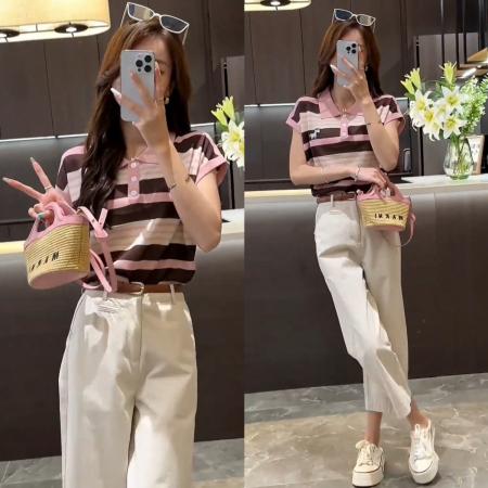 BY17077# 夏季新款气质撞色条纹正肩短袖t恤+纯色宽松简约9分裤休闲裤  服裝批發女裝批發服飾貨源