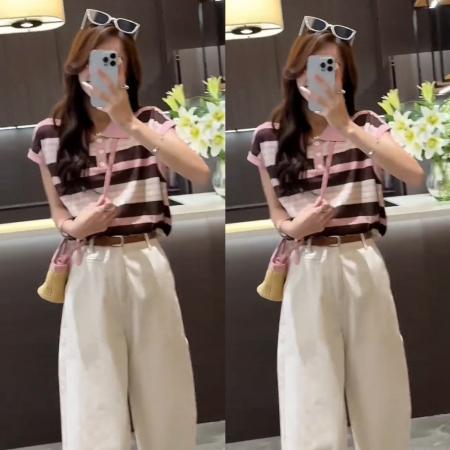 BY17077# 夏季新款气质撞色条纹正肩短袖t恤+纯色宽松简约9分裤休闲裤  服裝批發女裝批發服飾貨源