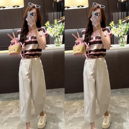BY17077# 夏季新款气质撞色条纹正肩短袖t恤+纯色宽松简约9分裤休闲裤  服裝批發女裝批發服飾貨源