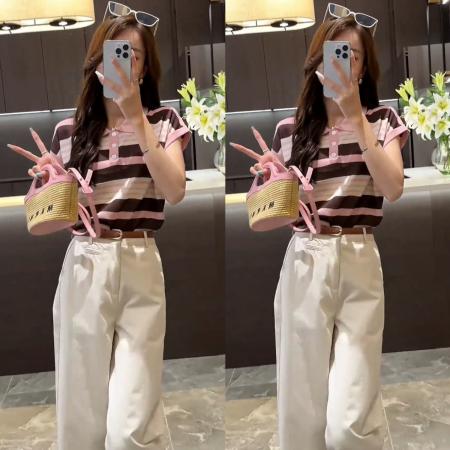 BY17077# 夏季新款气质撞色条纹正肩短袖t恤+纯色宽松简约9分裤休闲裤  服裝批發女裝批發服飾貨源