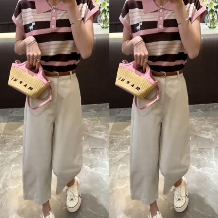 BY17077# 夏季新款气质撞色条纹正肩短袖t恤+纯色宽松简约9分裤休闲裤  服裝批發女裝批發服飾貨源