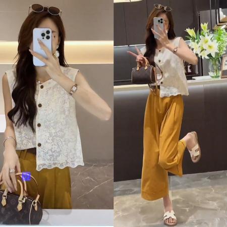 夏季新款气质蕾丝镂空坎肩单排扣上衣+直筒阔腿纯色休闲裤  服裝批發女裝批發服飾貨源