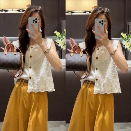 BY17078# 夏季新款气质蕾丝镂空坎肩单排扣上衣+直筒阔腿纯色休闲裤  服裝批發女裝批發服飾貨源