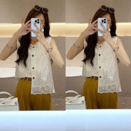 BY17078# 夏季新款气质蕾丝镂空坎肩单排扣上衣+直筒阔腿纯色休闲裤  服裝批發女裝批發服飾貨源