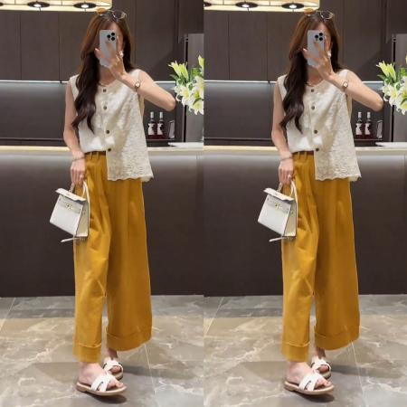 BY17078# 夏季新款气质蕾丝镂空坎肩单排扣上衣+直筒阔腿纯色休闲裤  服裝批發女裝批發服飾貨源