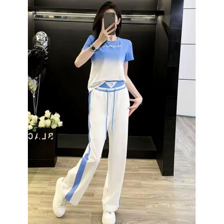 渐变短袖运动风套装女夏韩版潮休闲时尚阔腿裤两件套减龄宽松  服裝批發女裝批發服飾貨源