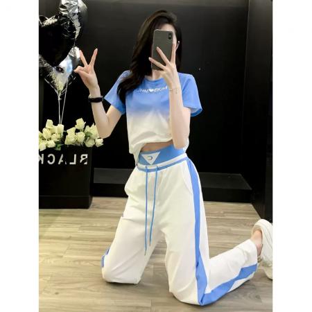 渐变短袖运动风套装女夏韩版潮休闲时尚阔腿裤两件套减龄宽松  服裝批發女裝批發服飾貨源