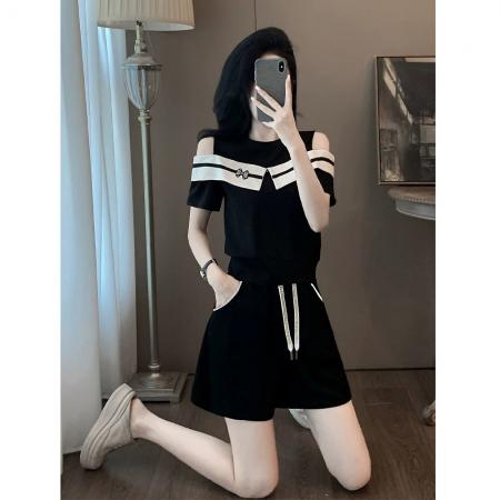 网红露肩短袖运动套装女新款夏季时尚减龄洋气休闲短裤两件套  服裝批發女裝批發服飾貨源