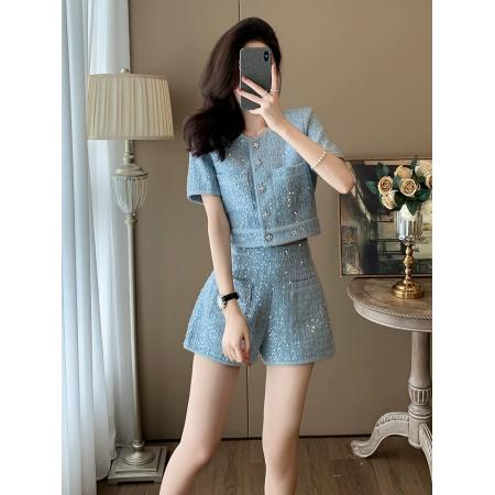夏装名媛气质短袖小香风套装女小个子减龄洋气短裤两件套高级感  服裝批發女裝批發服飾貨源