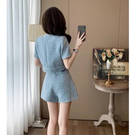 夏装名媛气质短袖小香风套装女小个子减龄洋气短裤两件套高级感  服裝批發女裝批發服飾貨源