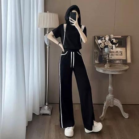 超火运动套装女夏季时尚休闲减龄显瘦露肩短袖阔腿长裤两件套  服裝批發女裝批發服飾貨源