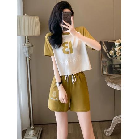 小个子显高休闲运动套装女夏新款洋气减龄短袖t恤短裤两件套  服裝批發女裝批發服飾貨源