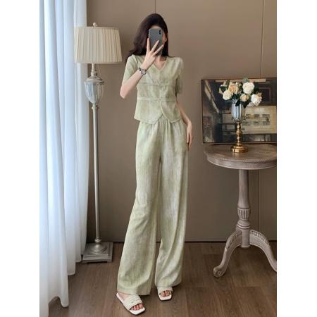 休闲时尚运动套装女夏季显瘦减龄洋气新中式国风短袖阔腿裤两件套  服裝批發女裝批發服飾貨源