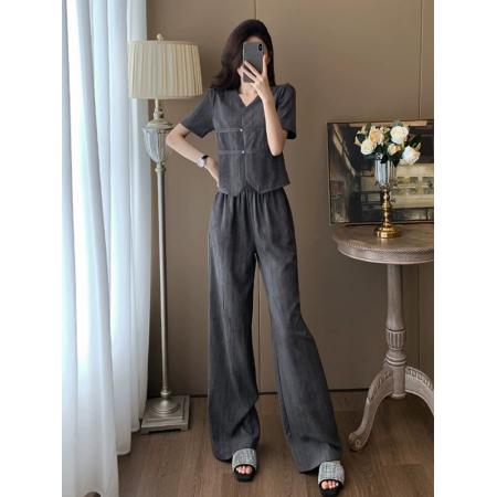 休闲时尚运动套装女夏季显瘦减龄洋气新中式国风短袖阔腿裤两件套  服裝批發女裝批發服飾貨源