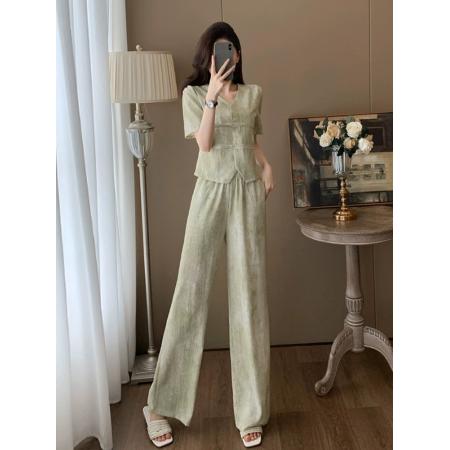 休闲时尚运动套装女夏季显瘦减龄洋气新中式国风短袖阔腿裤两件套  服裝批發女裝批發服飾貨源