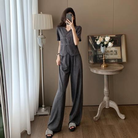 休闲时尚运动套装女夏季显瘦减龄洋气新中式国风短袖阔腿裤两件套  服裝批發女裝批發服飾貨源