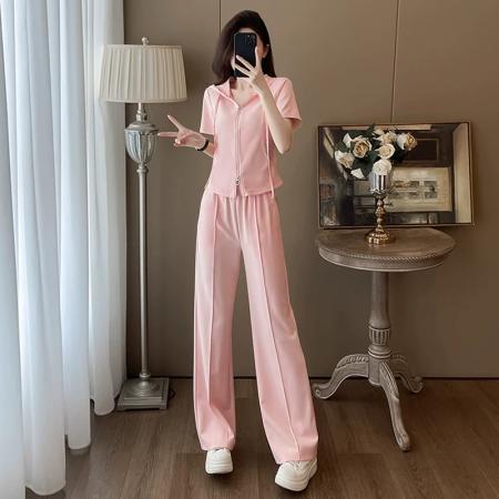 夏季搭配一整套女时髦洋气小个子收腰显瘦短袖上衣裤子休闲两件套  服裝批發女裝批發服飾貨源