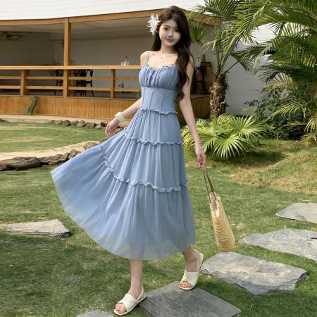 BY17096# 法式甜美粉色高腰吊带裙子夏季掐腰a字连衣裙收腰显瘦海边度假风  服裝批發女裝批發服飾貨源