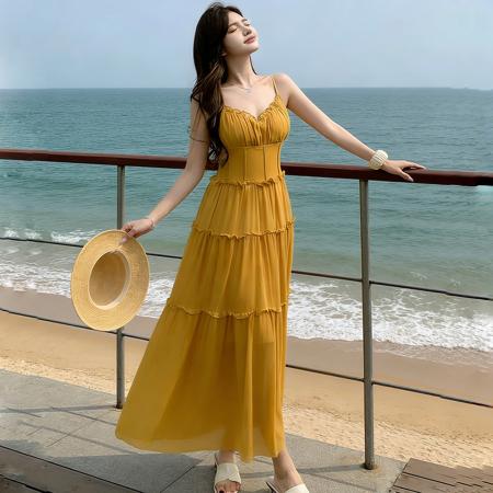 BY17096# 法式甜美粉色高腰吊带裙子夏季掐腰a字连衣裙收腰显瘦海边度假风  服裝批發女裝批發服飾貨源