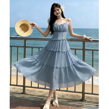 BY17096# 法式甜美粉色高腰吊带裙子夏季掐腰a字连衣裙收腰显瘦海边度假风  服裝批發女裝批發服飾貨源