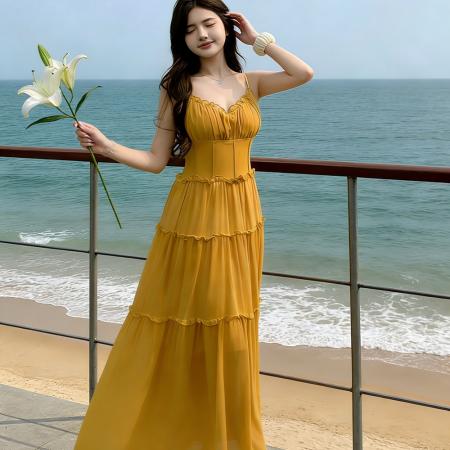 BY17096# 法式甜美粉色高腰吊带裙子夏季掐腰a字连衣裙收腰显瘦海边度假风  服裝批發女裝批發服飾貨源