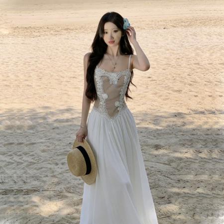 法式温柔网纱拼接吊带连衣裙独特美气质收腰大摆度假沙滩裙夏  服裝批發女裝批發服飾貨源