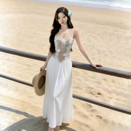 法式温柔网纱拼接吊带连衣裙独特美气质收腰大摆度假沙滩裙夏  服裝批發女裝批發服飾貨源