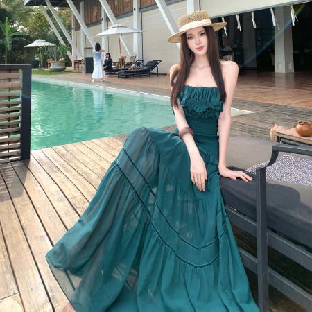 BY17099# 荷叶边抹胸连衣裙女名媛风高级感度假裙春夏  服裝批發女裝批發服飾貨源