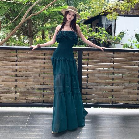 BY17099# 荷叶边抹胸连衣裙女名媛风高级感度假裙春夏  服裝批發女裝批發服飾貨源