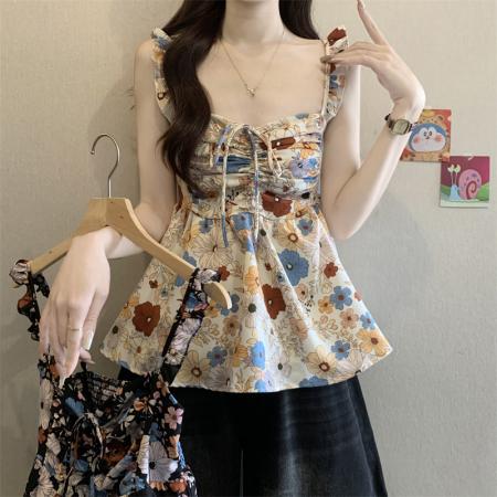 BY17100# 新款无袖雪纺背心收腰外穿高级感上衣海边度假风碎花吊带  服裝批發女裝批發服飾貨源