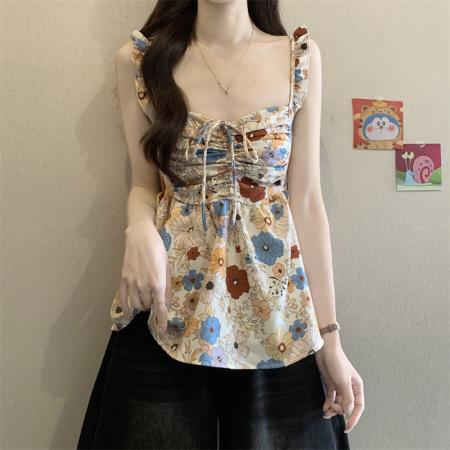 BY17100# 新款无袖雪纺背心收腰外穿高级感上衣海边度假风碎花吊带  服裝批發女裝批發服飾貨源