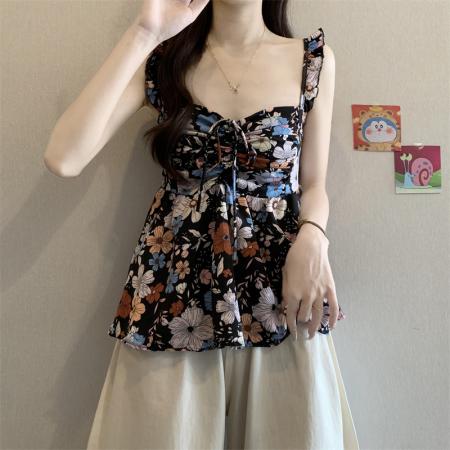 BY17100# 新款无袖雪纺背心收腰外穿高级感上衣海边度假风碎花吊带  服裝批發女裝批發服飾貨源