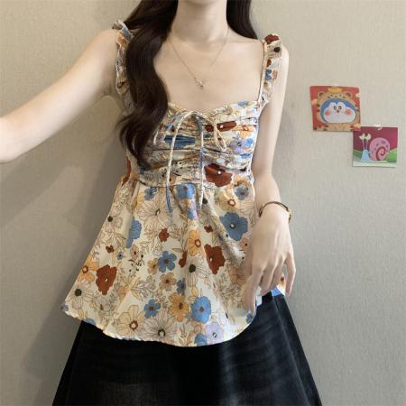 BY17100# 新款无袖雪纺背心收腰外穿高级感上衣海边度假风碎花吊带  服裝批發女裝批發服飾貨源
