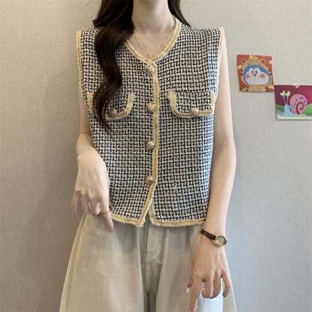 新款法式名媛小香风马甲背心女外搭叠穿复古格子上衣  服裝批發女裝批發服飾貨源