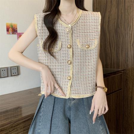新款法式名媛小香风马甲背心女外搭叠穿复古格子上衣  服裝批發女裝批發服飾貨源