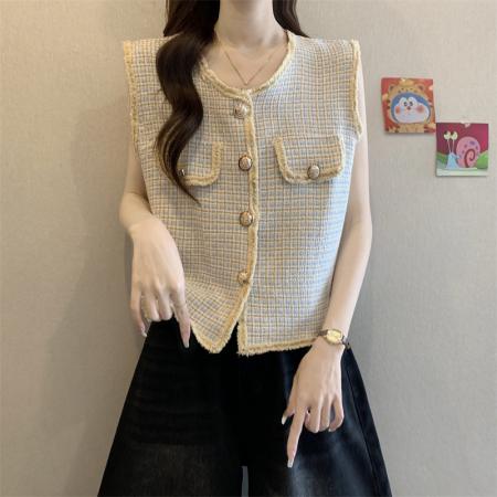 新款法式名媛小香风马甲背心女外搭叠穿复古格子上衣  服裝批發女裝批發服飾貨源
