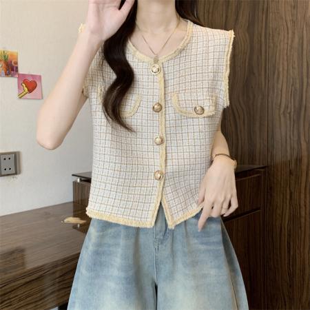 新款法式名媛小香风马甲背心女外搭叠穿复古格子上衣  服裝批發女裝批發服飾貨源