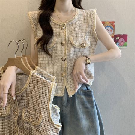新款法式名媛小香风马甲背心女外搭叠穿复古格子上衣  服裝批發女裝批發服飾貨源