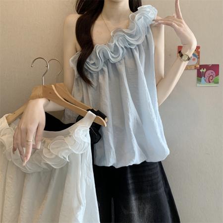 新款度假风法式花朵吊带背心女短款露肩花苞上衣  服裝批發女裝批發服飾貨源